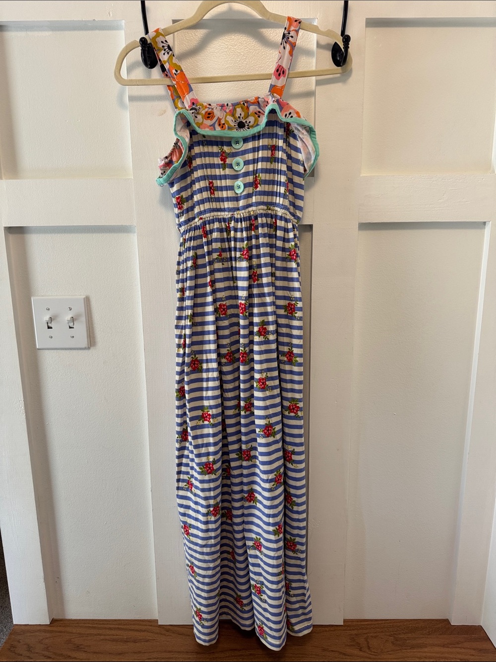 Matilda Jane Blue & White Striped Floral Dress with Aqua Buttons